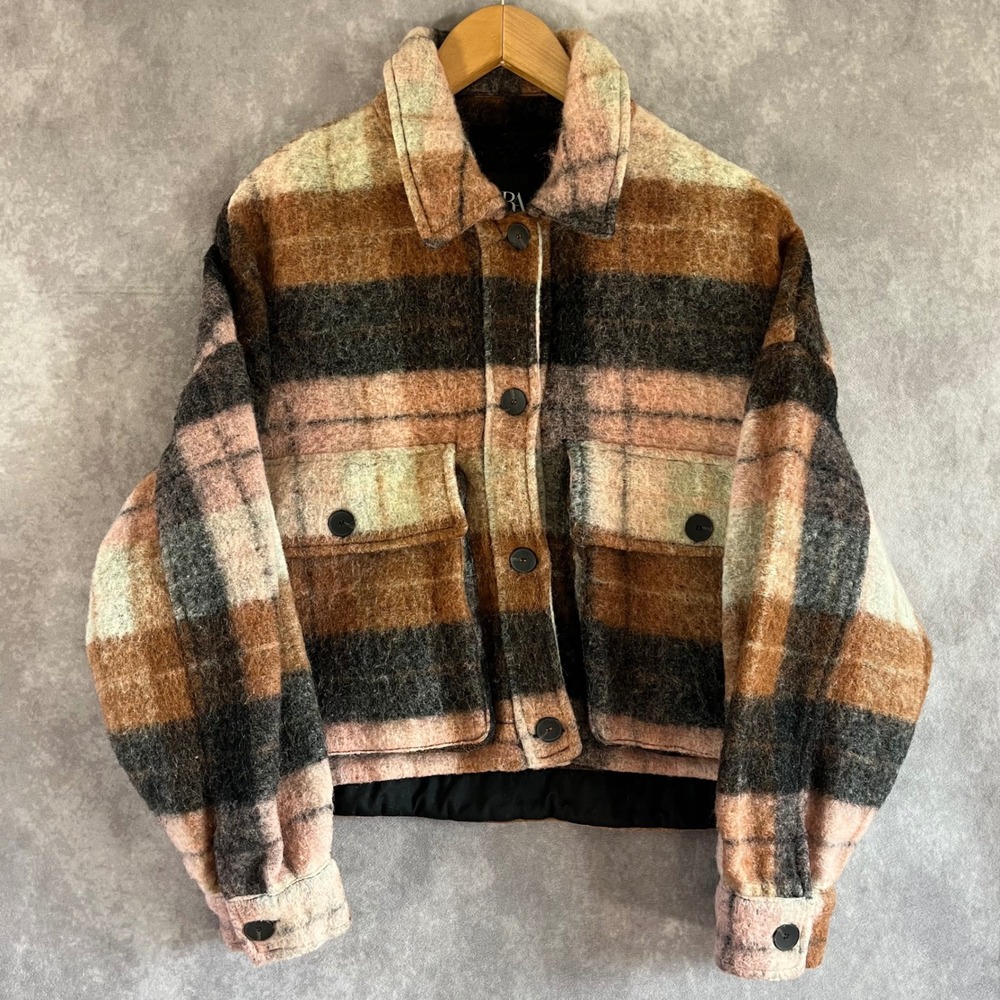 Zara Plaid Shacket Women Small Brown Pink Cropped Fuzzy Button Up Jacket